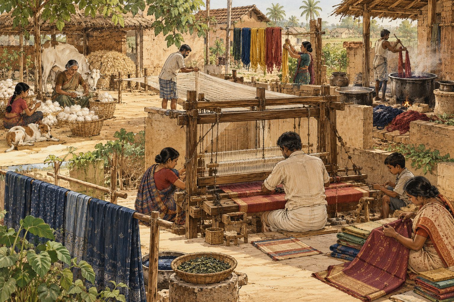 A village courtyard with a weaver at the loom, yarn drying and indigo cloth hung to dry